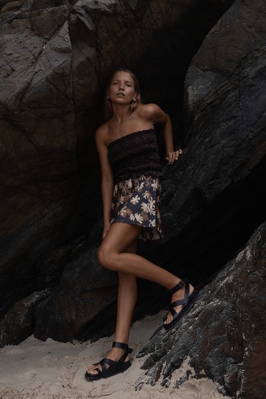 The Elka Mini Skirt | Choc Creme Floral - The Bali Tailor